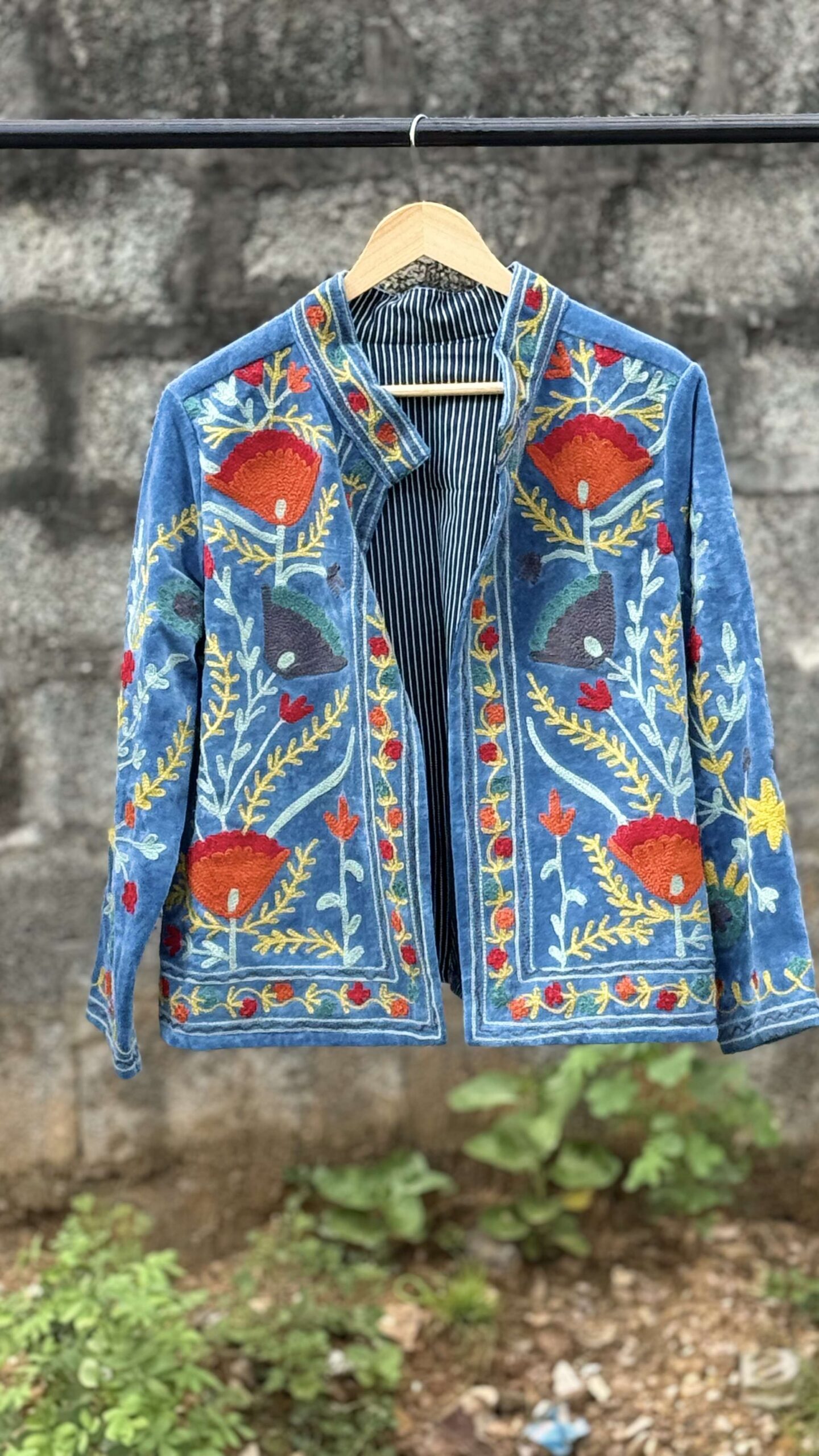 Womens Light Sky Blue Velvet Embroidered Jacket with Floral Design - Image 2